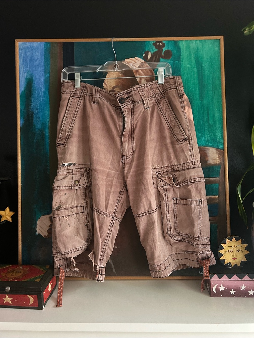 Y2K Raw First Brown Distressed Cargo Capri Pants Size 34